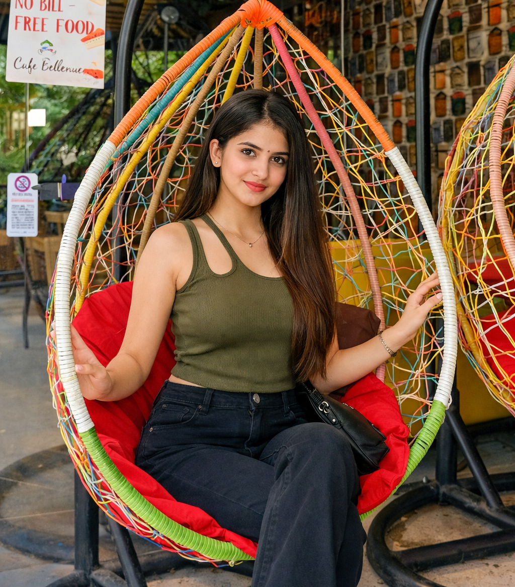 Dikshaa Sharma escort pic in a vibrant café chair
