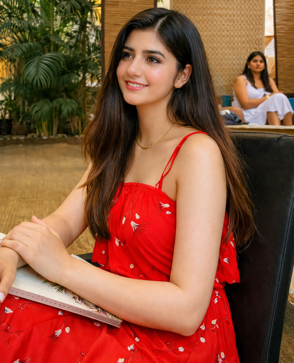 Diya Gupta escort in red dress outdoors